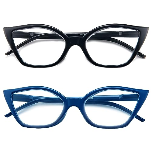 Kodilin Lesebrille für Damen, Anti-Licht, blaues Katzenauge, PC-Brille mit Federscharnier, 1.0 1.5 2.0 2.5 3.0 3.5, Schwarz + Blau, Einheitsgröße von Kodilin