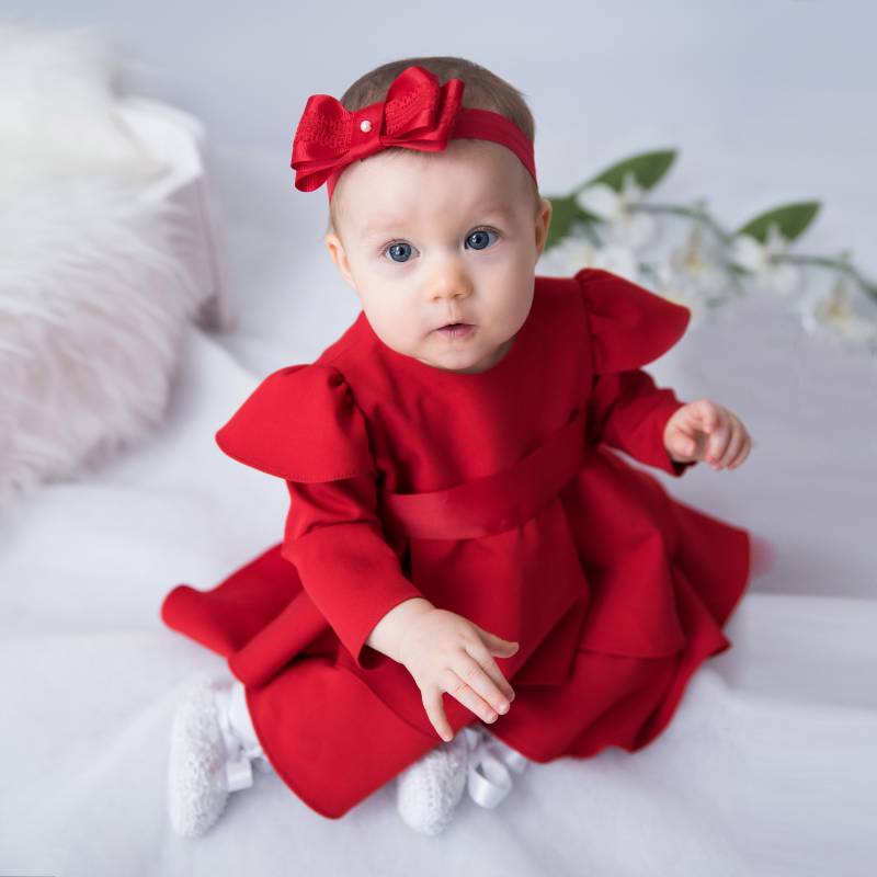 Mädchenkleid, Rotes Kleid, Partykleid, Rüschen, Mütze von KodomoStudio