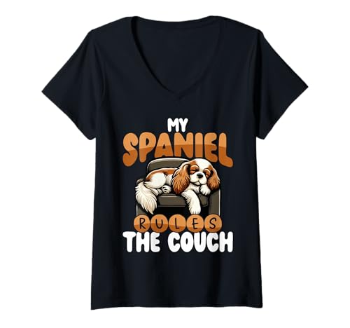 Damen Mein Spaniel Regiert Die Couch Lustiger Hund T-Shirt mit V-Ausschnitt Damen Mein Spaniel Regiert Die Couch Lustiger Hund T-Shirt mit V-Ausschnitt von König Charles Spaniel Königlicher Welpe