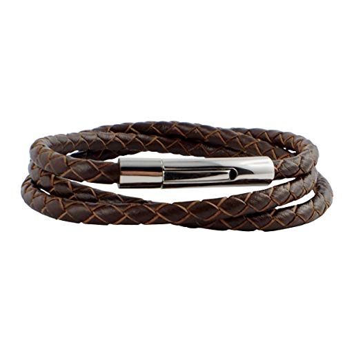 König Design Lederkette Lederband 4 mm Herren Halskette ohne Anhänger Braun 45 cm lang mit Hebeldruck Verschluss Silber geflochten von König Design