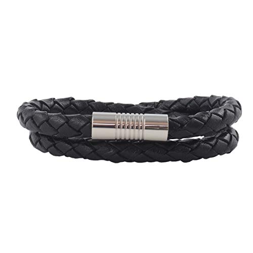 König Design Lederkette Lederband Leder-Armband 4 mm Herren Halskette Schwarz 40 cm lang mit Magnet-Verschluss Silber geflochten von König Design