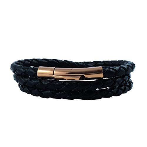 König Design Lederkette Lederband Leder-Armband 4 mm Herren Halskette Schwarz 65 cm lang mit Hebeldruck Verschluss Rose Gold geflochten von König Design