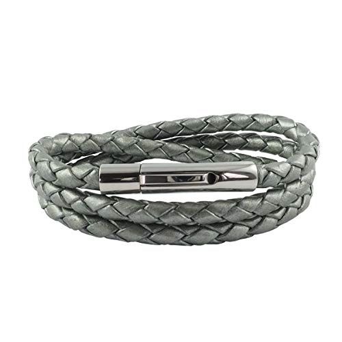 König Design Lederkette Lederband Leder-Armband 6 mm Herren Halskette Grau Metallisch 45 cm lang mit Hebeldruckverschluss geflochten von König Design