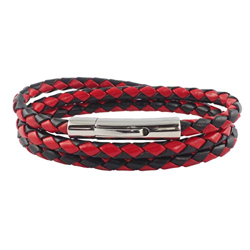 König Design Lederkette Lederband Leder-Armband 6 mm Herren Halskette Schwarz Rot 75 cm lang mit Hebeldruck-Verschluss Silber geflochten von König Design