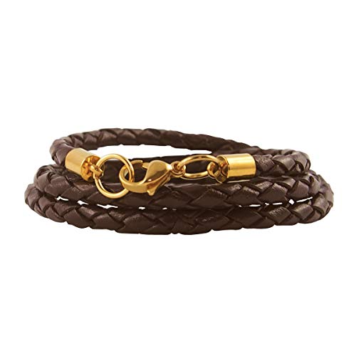 König Design Lederkette Lederhalsband Lederarmband 4 mm Herren Halskette Braun 75 cm lang mit Karabiner Verschluss Gold geflochten von König Design