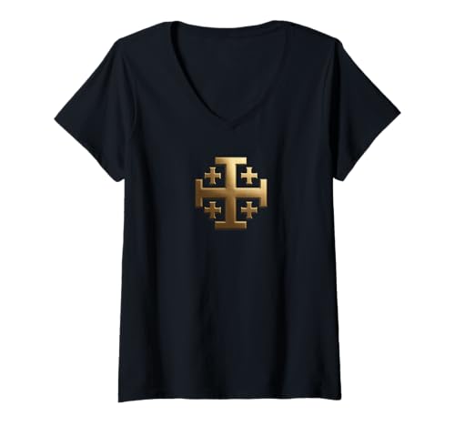 Damen Jerusalem Cross - Christlicher Templer Ritter T-Shirt mit V-Ausschnitt von Königreich Jerusalem Flagge & Geschenke