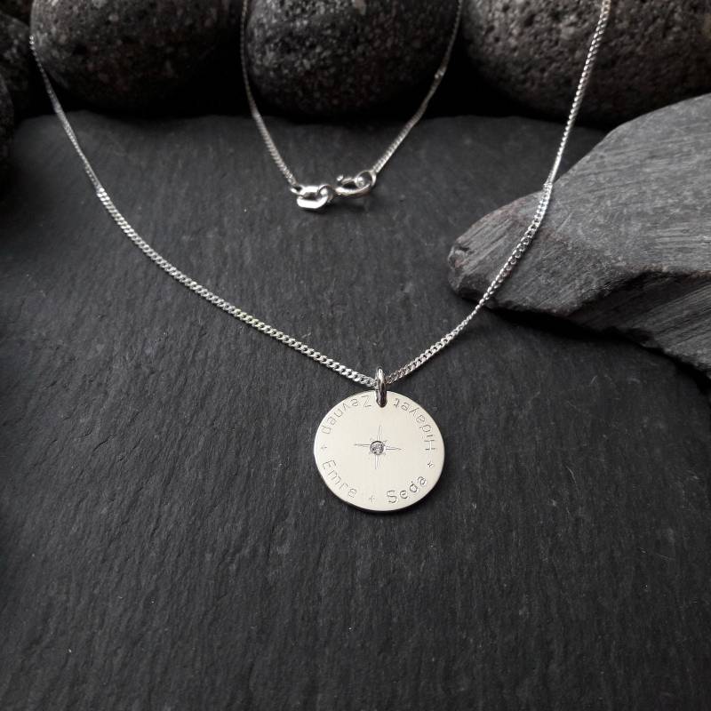 1, 5 cm Gravurplatte Anhänger & Panzerkette, 925Er Silber, Rundgravur, Brillant Oder Zirkonia in Der Mitte, Gravur Namenskette | Gk140+K/15 von Koenigsprodukte