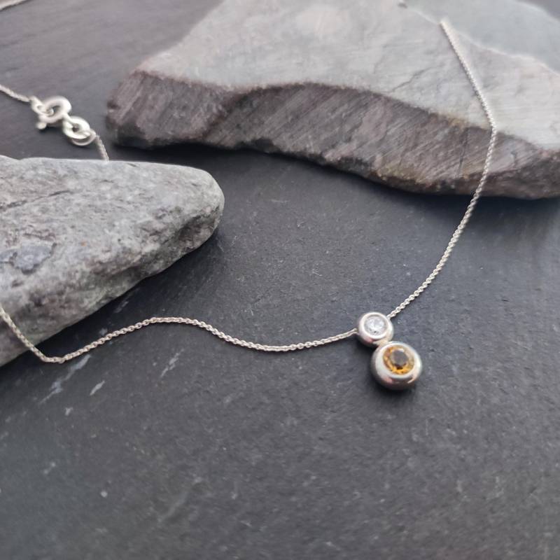 Collier Mit Einem Gelben Citrin Und Zirkonia in 925Er Silber, Länge 40 cm von Koenigsprodukte