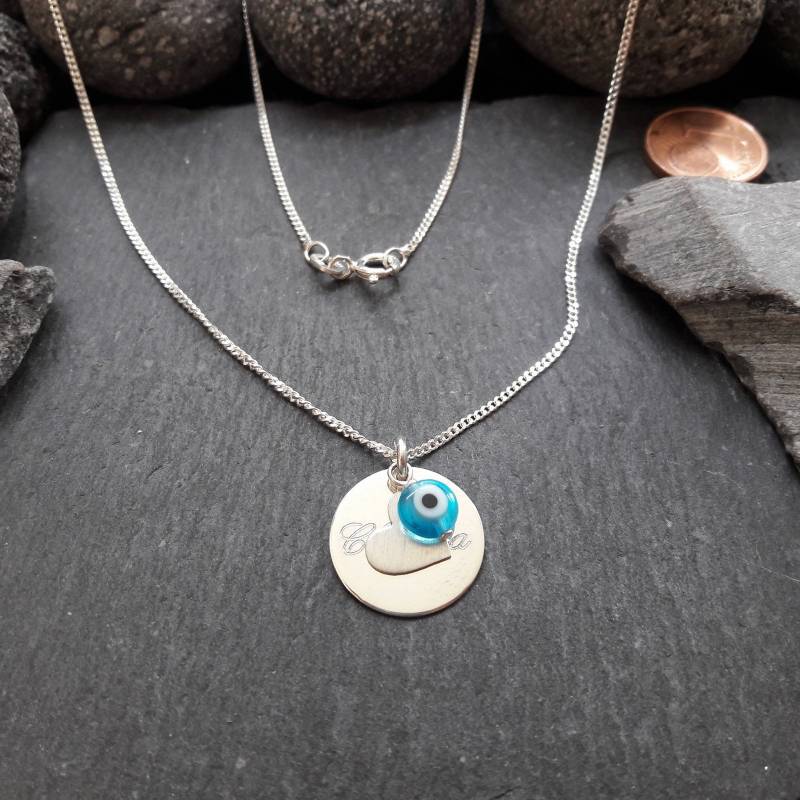 Gravurplatte Mit Herz & Glücksauge Anhänger Und Einer Panzerkette in 925Er Silber, Gravur Namenskette | Gk125+K von Koenigsprodukte