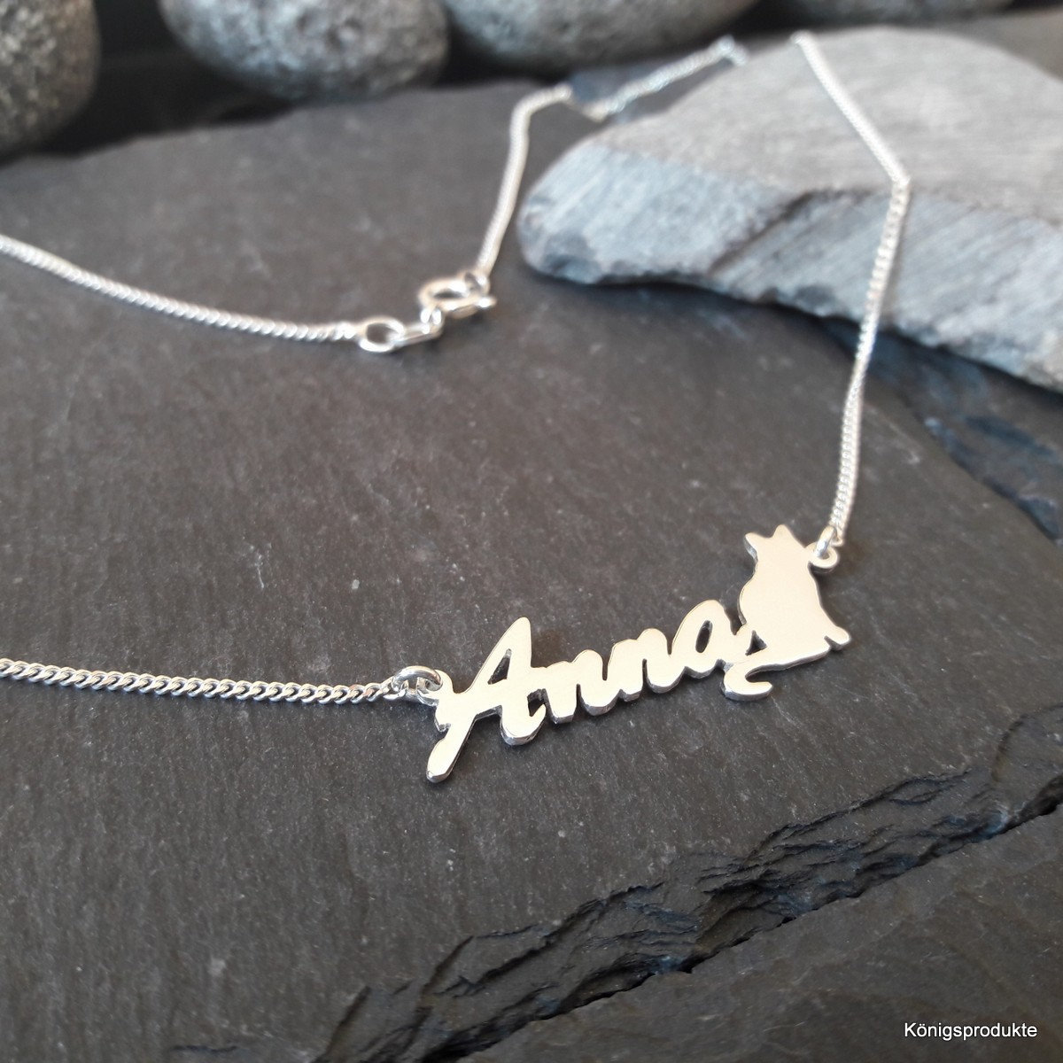 Namenskette Wunschname Und Katze in 925Er Silber, Buchstaben & Länge Wählbar | Nk-58 von Koenigsprodukte