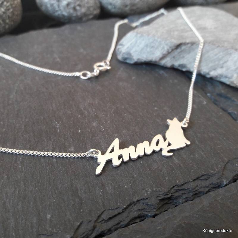 Namenskette Wunschname Und Katze in 925Er Silber, Buchstaben & Länge Wählbar | Nk-58 von Koenigsprodukte
