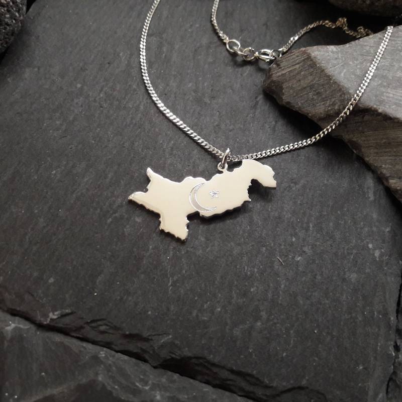 Pakistan Landkarte Anhänger Mit Panzerkette in 925Er Silber & Halbmond + Stern Gravur - Kettenlänge Wählbar | Lk-02/Pakistan+Hs von Koenigsprodukte