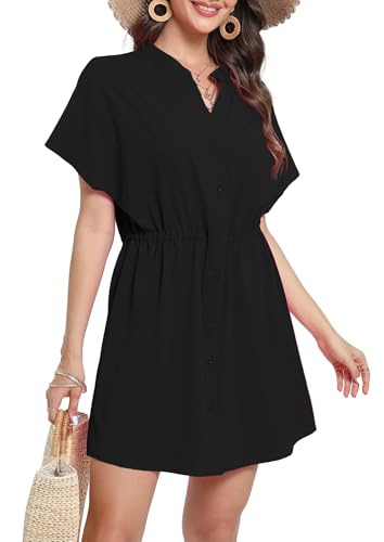 Koerye Damen Bikini Cover Up Strandkleid V Ausschnitt Tunnelzug Seitenschlitz Sommer Button Down Strandponcho Badeanzug Strand Schwarz von Koerye