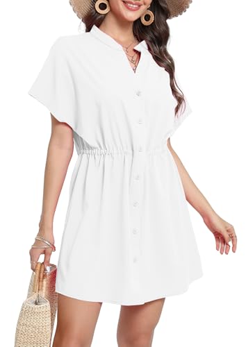 Koerye Damen Bikini Cover Up Strandkleid V Ausschnitt Tunnelzug Seitenschlitz Sommer Button Down Strandponcho Badeanzug Strand Weiß von Koerye