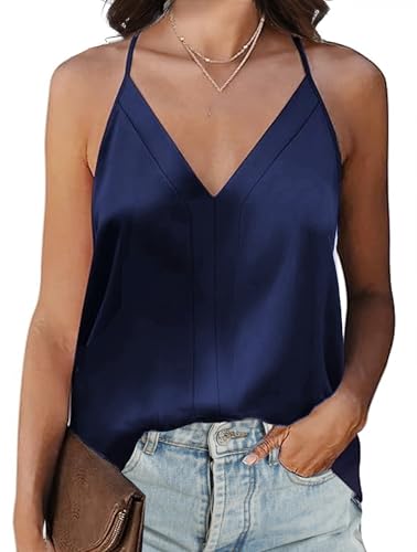 Koerye Damen Satin Cami Top Unterhemden Spaghettiträger Basic Top Blusentop Casual Shirt Träger Oberteile Ärmellose Camisole Elegant Tankshirt(Marineblau,M) von Koerye