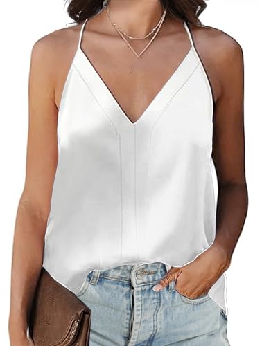 Koerye Damen Satin Cami Top Unterhemden Spaghettiträger Basic Top Blusentop Casual Shirt Träger Oberteile Ärmellose Camisole Elegant Tankshirt(Weiß,L) von Koerye