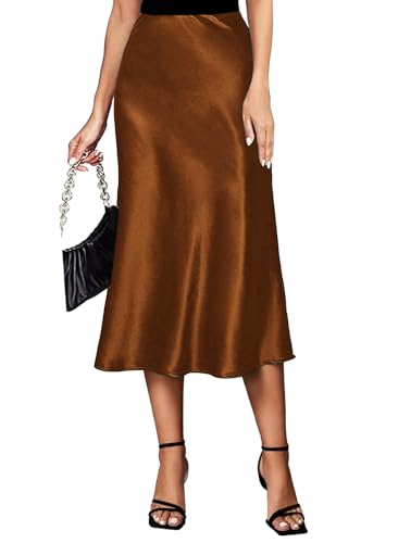 Koerye Damen Satin Rock Midi Länge Rock A Linie Skirt Elegant Seidiger Midirock Braun,L von Koerye
