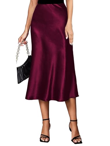 Koerye Damen Satin Rock Midi Länge Rock A Linie Skirt Elegant Seidiger Midirock Burgunderrot,S von Koerye