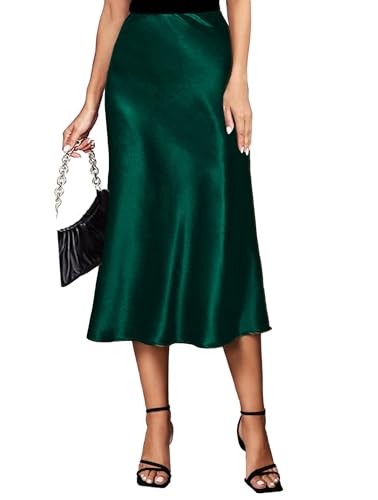 Koerye Damen Satin Rock Midi Länge Rock A Linie Skirt Elegant Seidiger Midirock Grün,M von Koerye