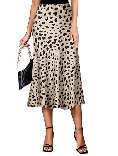 Koerye Damen Satin Rock Midi Länge Rock A Linie Skirt Elegant Seidiger Midirock Leopard,XL von Koerye