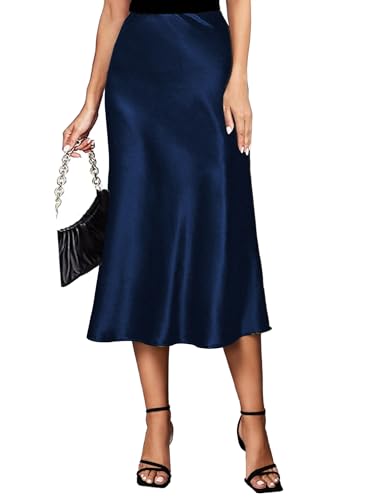 Koerye Damen Satin Rock Midi Länge Rock A Linie Skirt Elegant Seidiger Midirock Marineblau,XL von Koerye
