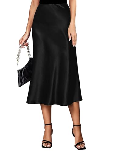 Koerye Damen Satin Rock Midi Länge Rock A Linie Skirt Elegant Seidiger Midirock Schwarz,XL von Koerye
