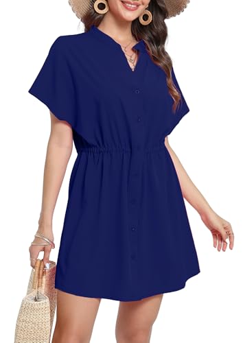 Koerye Strandkleider für Damen Bikini Cover Up Kurzarm V-Ausschnitt Strandponcho Badeanzug Strand Sommer Elastisch Taille Kurze Kleider Marineblau von Koerye
