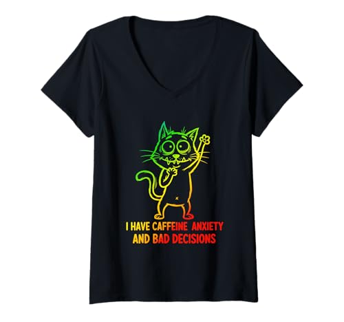 Damen Seltsame Katze rennt auf Koffein und Angst Regenbogen T-Shirt mit V-Ausschnitt Damen Seltsame Katze rennt auf Koffein und Angst Regenbogen T-Shirt mit V-Ausschnitt von Koffein Regenbogenkatze Chaos Tee