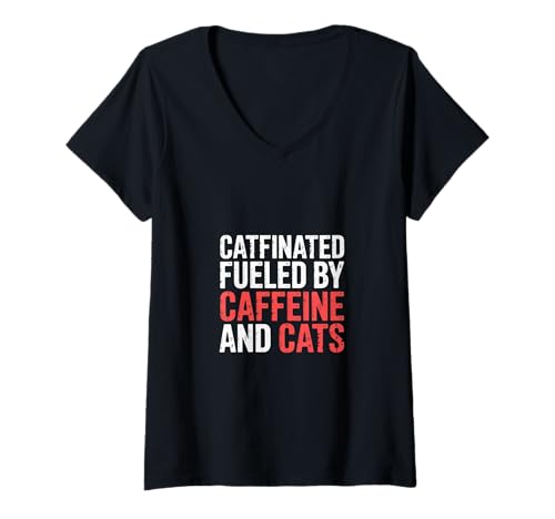 Damen Catfinated Fueled by Caffeine and Cats Kaffeekatze - T-Shirt mit V-Ausschnitt Damen Catfinated Fueled by Caffeine and Cats Kaffeekatze - T-Shirt mit V-Ausschnitt von Koffeinkatz -Bewunderer
