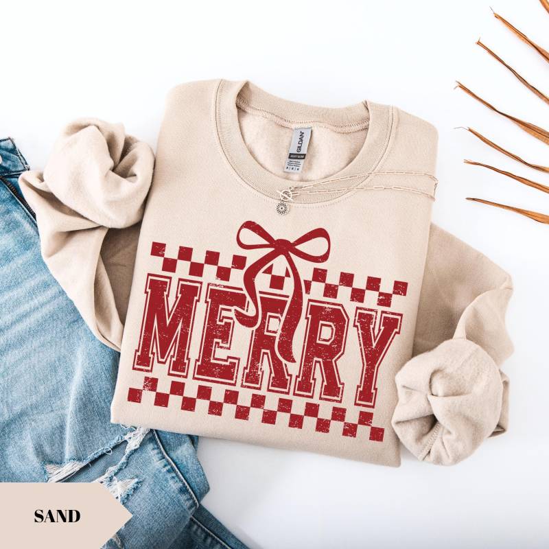 Retro Frohe Weihnachten Kokette Bogen Sweatshirt, Familie Shirt, Damen Weihnachtssweatshirt, Geschenk Shirt von KogeraOnlineShop