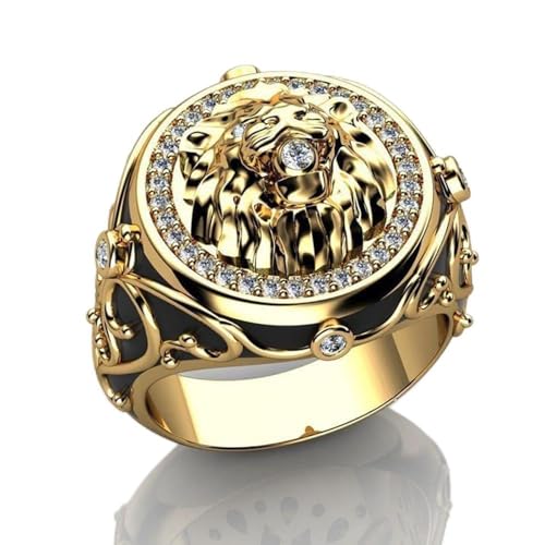 Koguxuix Iced Out Löwenkopf Ring für Herren Gothic Brüllender Löwe Ring nordischer Wikinger Löwe Tier Ring 18 Karat vergoldet Vintage Löwe Ring Retro CZ Kristall Diamant Punk Rock Bling Größe 13 von Koguxuix