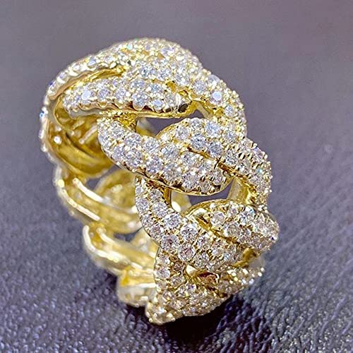 Koguxuix Modeschmuck, 18 Karat Gold, Cluster Iced Out, luxuriös, simulierter, voll glänzender Zirkonia, kubanisches Gliederseil, gedrehtes Band, Hip-Hop-Ring, für Damen und Herren, Größe 7 von Koguxuix