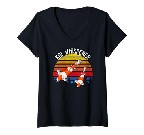 Damen Koi-Flüsterer Vintage Sonnenuntergang Koi Teich Spaß T-Shirt mit V-Ausschnitt Damen Koi-Flüsterer Vintage Sonnenuntergang Koi Teich Spaß T-Shirt mit V-Ausschnitt von Koi Fisch Fans und Gartenteichfreunde