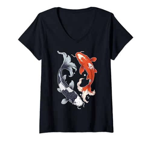 Damen Koi Karpfen Japanische Fische Koi T-Shirt mit V-Ausschnitt Damen Koi Karpfen Japanische Fische Koi T-Shirt mit V-Ausschnitt von Koi Fische Gartenteichbesitzer Japanische Kunst