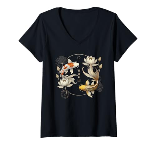 Damen Koi Fische Karpfen Fische Lotusblumen Japanische Sakura Koi T-Shirt mit V-Ausschnitt Damen Koi Fische Karpfen Fische Lotusblumen Japanische Sakura Koi T-Shirt mit V-Ausschnitt von Koi Fische Koifisch Kunst Japanische Ästhetik