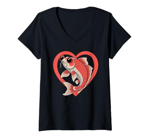 Damen Herz Japanischer Koi Fisch Brille T-Shirt mit V-Ausschnitt von Koi Fish Fishkeeping Gifts