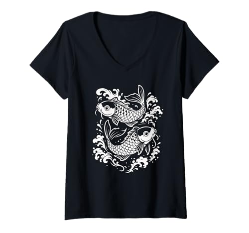 Damen Japanische Koi-Fische, Kanji, Schwarz-Weiß, asiatische Grafikkunst T-Shirt mit V-Ausschnitt Damen Japanische Koi-Fische, Kanji, Schwarz-Weiß, asiatische Grafikkunst T-Shirt mit V-Ausschnitt von Koi Fish Japanese Sakura Graphic Art Gifts Women