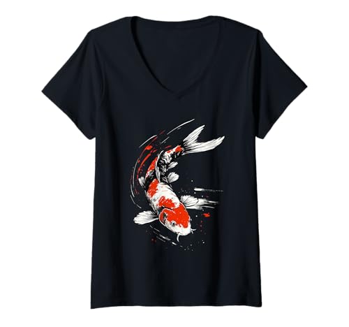 Damen Japanischer Koi-Fisch, Kanji, Vintage, asiatischer Pinselstrich T-Shirt mit V-Ausschnitt Damen Japanischer Koi-Fisch, Kanji, Vintage, asiatischer Pinselstrich T-Shirt mit V-Ausschnitt von Koi Fish Japanese Sakura Graphic Art Gifts Women