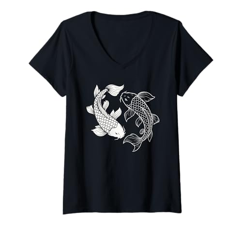 Damen Japanischer Koi-Fisch, Kanji, schwarz, weiß, asiatische Vintage-Kunst T-Shirt mit V-Ausschnitt Damen Japanischer Koi-Fisch, Kanji, schwarz, weiß, asiatische Vintage-Kunst T-Shirt mit V-Ausschnitt von Koi Fish Japanese Sakura Graphic Art Gifts Women