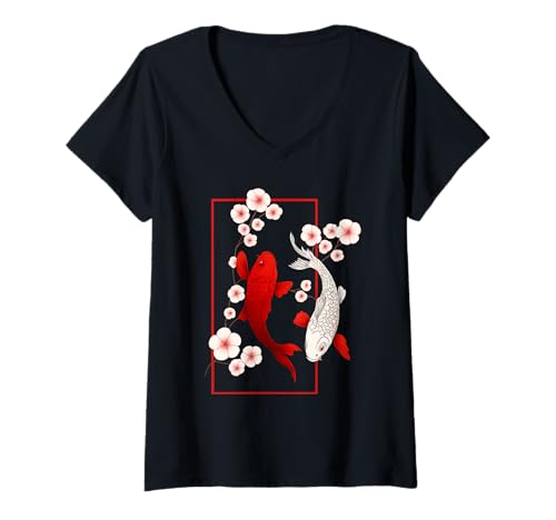 Damen Japanischer Koi-Fisch, Sakura-Blüte, rote Kanji-Grafik T-Shirt mit V-Ausschnitt Damen Japanischer Koi-Fisch, Sakura-Blüte, rote Kanji-Grafik T-Shirt mit V-Ausschnitt von Koi Fish Japanese Sakura Graphic Art Gifts Women