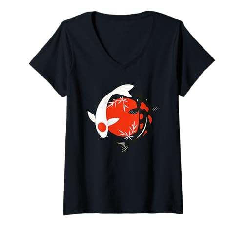 Damen Japanischer Koi-Fisch, Sakura-Blüte, roter Kanji-Stil T-Shirt mit V-Ausschnitt Damen Japanischer Koi-Fisch, Sakura-Blüte, roter Kanji-Stil T-Shirt mit V-Ausschnitt von Koi Fish Japanese Sakura Graphic Art Gifts Women