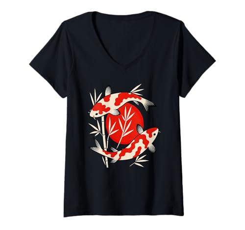 Damen Japanischer Koi-Fisch, asiatischer Sakura-Kreis, Kanji-Grafik T-Shirt mit V-Ausschnitt Damen Japanischer Koi-Fisch, asiatischer Sakura-Kreis, Kanji-Grafik T-Shirt mit V-Ausschnitt von Koi Fish Japanese Sakura Graphic Art Gifts Women