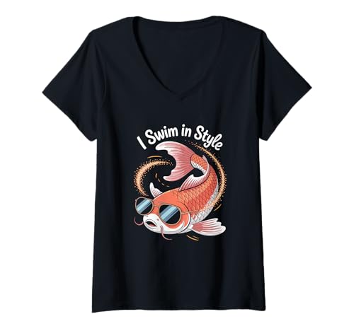 Damen I Swim Koi Fish Sonnenbrille Lustig Ästhetisch T-Shirt mit V-Ausschnitt Damen I Swim Koi Fish Sonnenbrille Lustig Ästhetisch T-Shirt mit V-Ausschnitt von Koi Fish Sunglasses Aquatic Humor Style