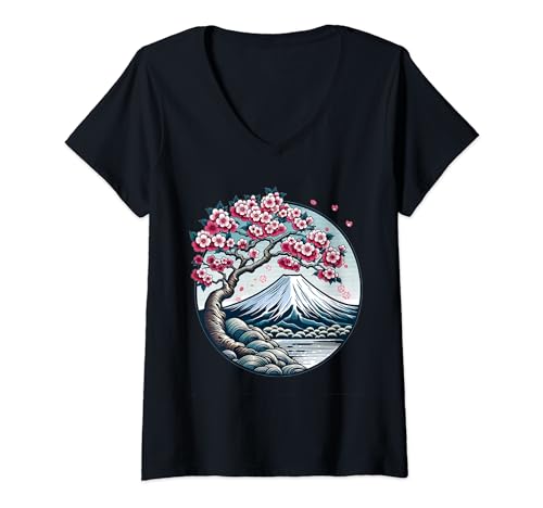 Damen Japanische Kirschblüten-Landschaft T-Shirt mit V-Ausschnitt Damen Japanische Kirschblüten-Landschaft T-Shirt mit V-Ausschnitt von Koi Fish Unlimited
