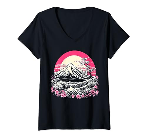 Damen Japanischer Berg Fuji Sakura Kirschblütenwellen T-Shirt mit V-Ausschnitt Damen Japanischer Berg Fuji Sakura Kirschblütenwellen T-Shirt mit V-Ausschnitt von Koi Fish Unlimited