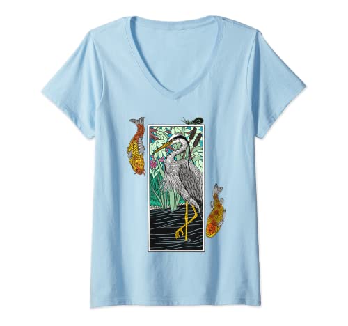 Damen Japanischer Graureiher Ao-sagi Nishikigoi Koi Karpfenfisch T-Shirt mit V-Ausschnitt Damen Japanischer Graureiher Ao-sagi Nishikigoi Koi Karpfenfisch T-Shirt mit V-Ausschnitt von Koi Fish Unlimited
