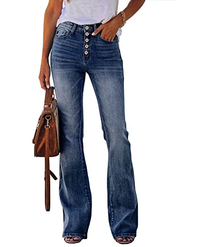 Koinshha Damen Hohe Taille Bootcut Flare Jeans Stretch Glockenhose Schlaghose Stoffhose mit weitem Bein Denim Hose Größe 37-42, A-1 dunkelblau, 36 von Koinshha
