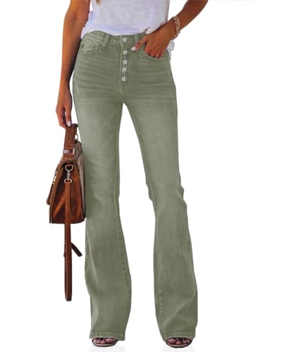 Koinshha Damen Jeans mit hoher Taille, Boyfriend-Jeans, Stretch, ausgestellt, leger, Bootcut-Denim-Hose, Grün (Army Green), 40 Kurz von Koinshha