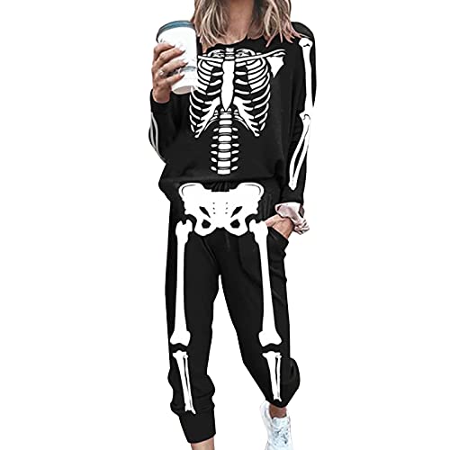 Damen 2 Stück Set Outfit Langarm Sweatshirt und Jogger Trainingsanzug Skelett Print Halloween Kostüm (Schwarz, Medium) von Koitniecer