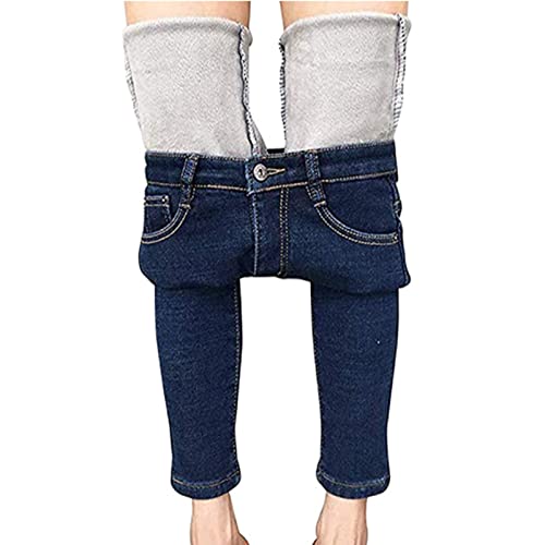 Damen Fleece gefütterte Jeans Thermo Flanell Denim Hose Winter Warm Verdicken Skinny Stretch Legging Hose mit Tasche (Dark Blue, Small) von Koitniecer